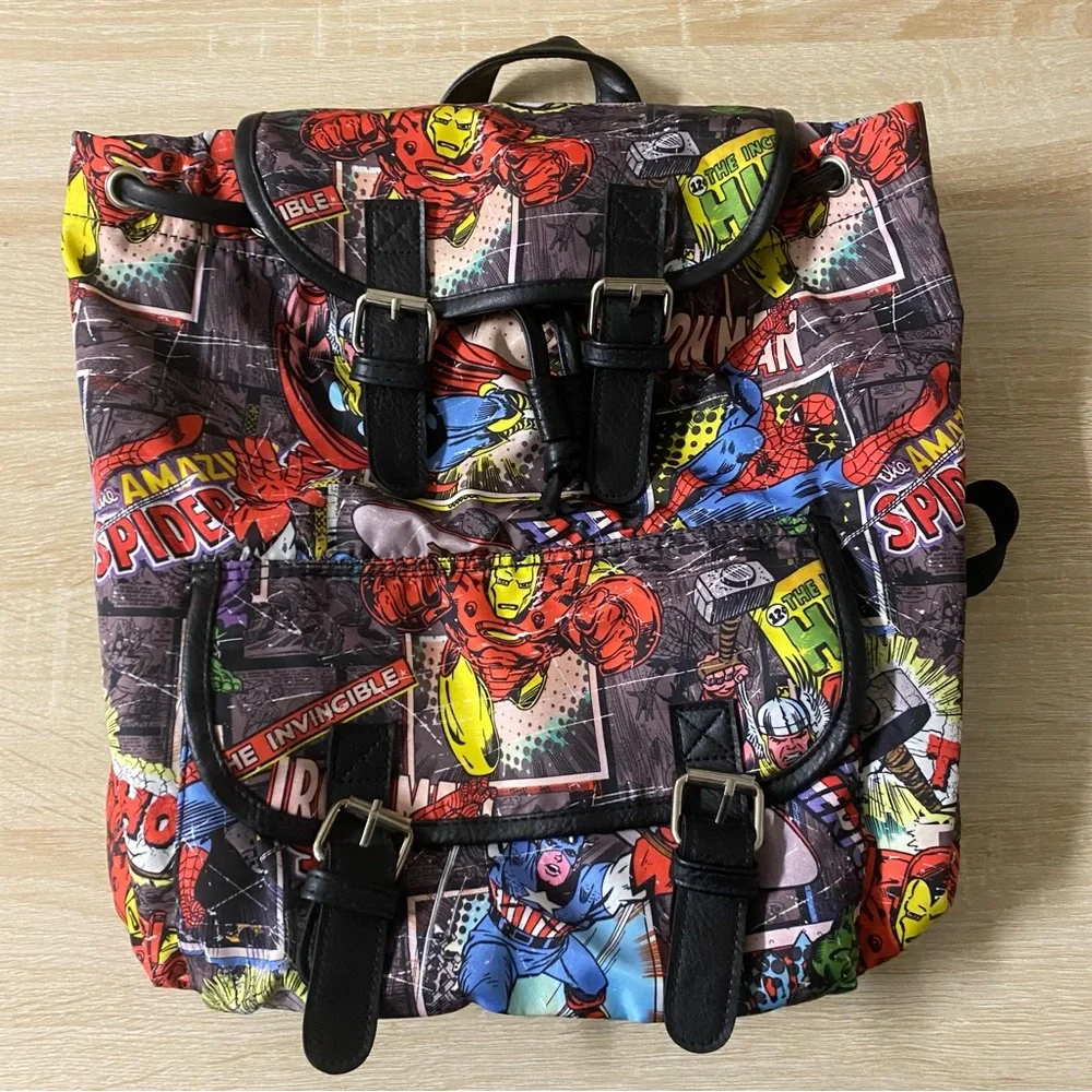 Marvel Avengers Comic Backpack Knapsack Drawstring Spiderman Hulk Iron Man NWOT